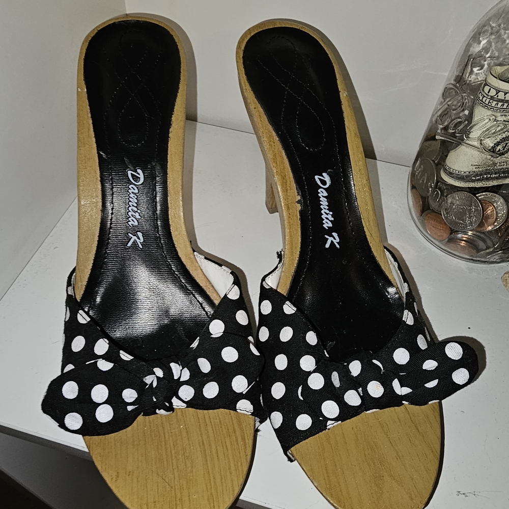 Damita K Black Polka Dot Bow Mules with Wood Heel